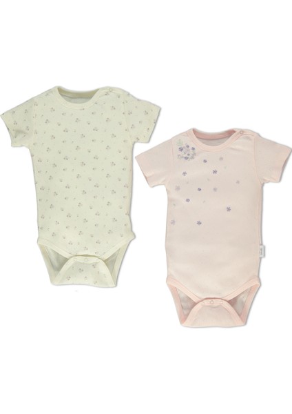 Ajurlu Gözenekli Pamuklu Kısa Kollu Bebek Çocuk Body 2li Yaş Çiçek Nakışlı (My Happıness) (T2544)