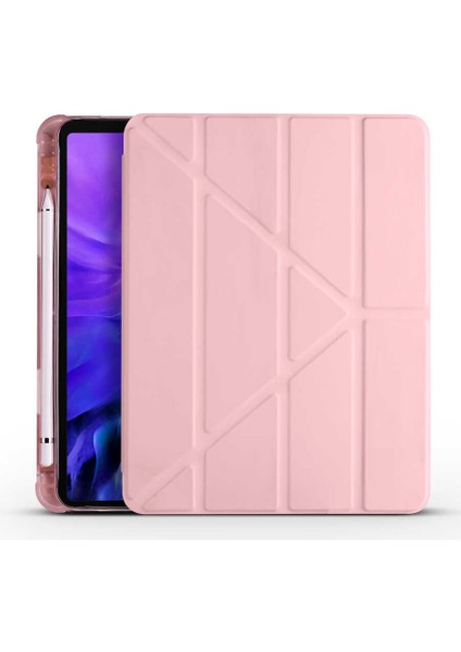iPad Uyumlu Air 11 2024 Kılıf Htstore Tri Folding Kalem Bölmeli Standlı Kılıf-Rose Gold