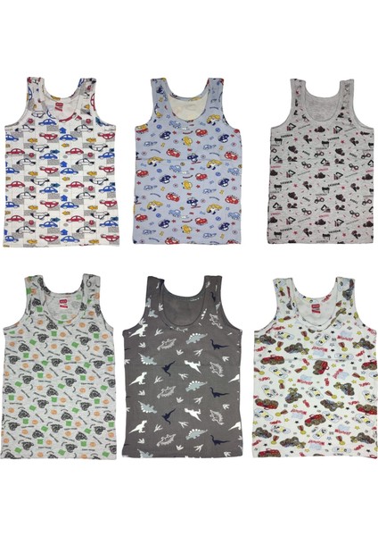 6 Adet Likralı Erkek Çocuk Empirme Desenli Mody Penye Askılı Atlet