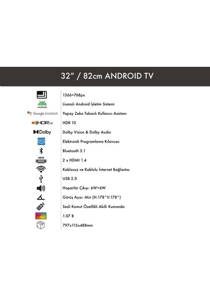 32" 82 Ekran Uydu Alıcılı  Google Lisanslı Android Smart LED Tv