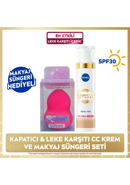 Koyu Leke Karşıtı CC Krem 40 ml, SPF30 Güneş Koruyucu, Orta Ton, Makyaj Süngeri Hediye