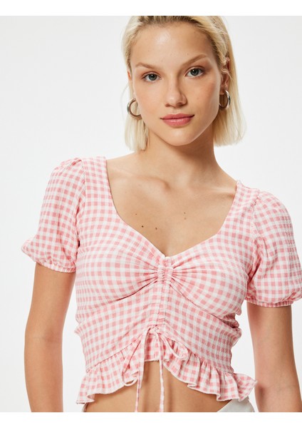 Pötikare Peplum Tişört Crop Fiyonk Detaylı Fırfırlı Slim Fit