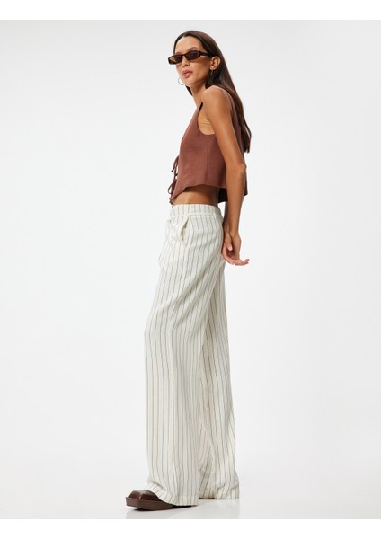 Bol Paça Pantolon Keten Karışımlı Beli Bağcıklı Cepli