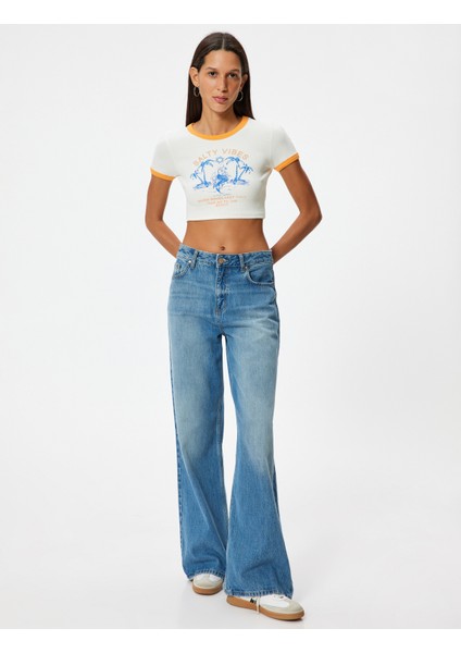Crop Tişört Yaz Temalı Baskılı Biyeli Bisiklet Yaka Kısa Kollu Slim Fit