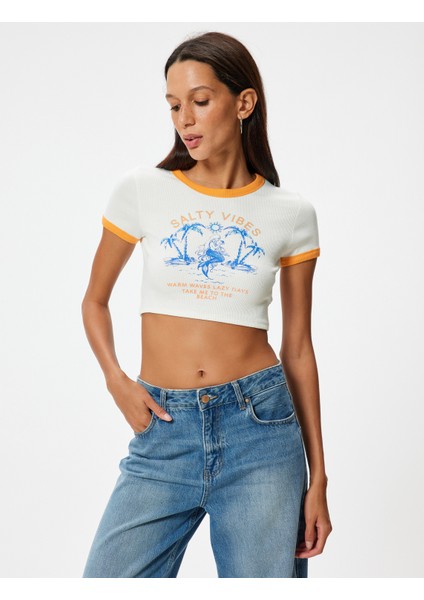 Crop Tişört Yaz Temalı Baskılı Biyeli Bisiklet Yaka Kısa Kollu Slim Fit