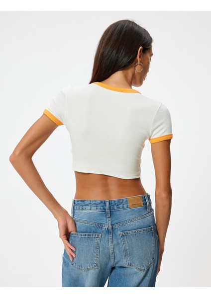 Crop Tişört Yaz Temalı Baskılı Biyeli Bisiklet Yaka Kısa Kollu Slim Fit