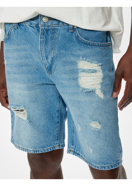 Oversize Kot Şort Yırtık Bermuda Cep Detaylı Pamuklu