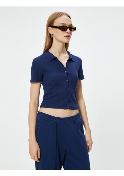 Crop Tişört Gömlek Yaka Düğmeli Kaşkorse Kısa Kollu Slim Fit
