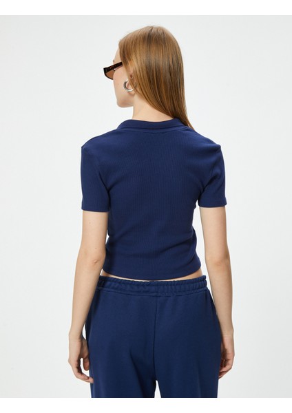 Crop Tişört Gömlek Yaka Düğmeli Kaşkorse Kısa Kollu Slim Fit