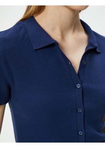 Crop Tişört Gömlek Yaka Düğmeli Kaşkorse Kısa Kollu Slim Fit