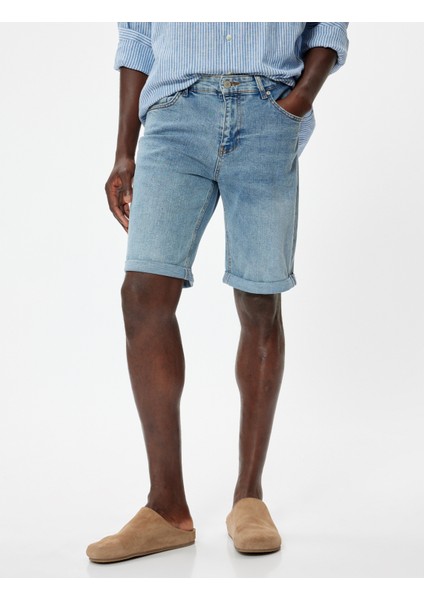 Slim Fit Kot Şort Bermuda Cep Detaylı Pamuklu