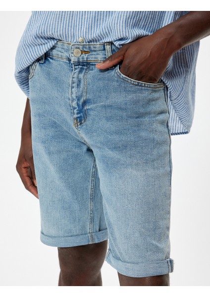 Slim Fit Kot Şort Bermuda Cep Detaylı Pamuklu