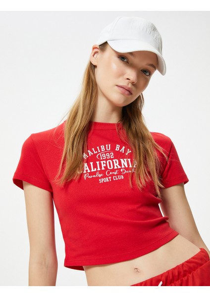 Crop Tişört Kolej Baskılı Kısa Kollu Slim Fit Bisiklet Yaka