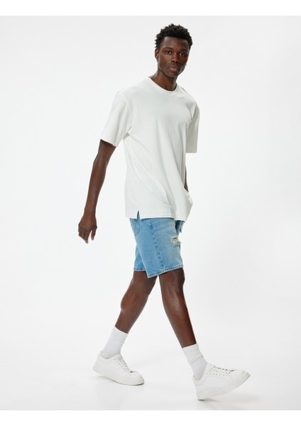 Oversize Kot Şort Yırtık Bermuda Cep Detaylı Pamuklu