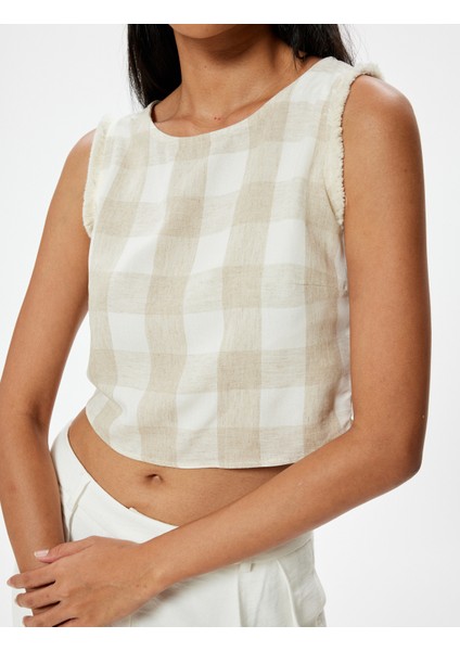 Keten Karışımlı Crop Oversize Üst Kolsuz Yuvarlak Yaka Kareli
