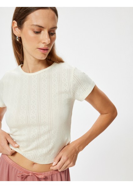 Crop Pijama Üstü Kısa Kollu Bisiklet Yaka Rahat Kalıp