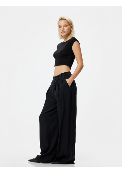 Geniş Paça Pantolon Viskoz Keten Karışımlı Bağlama Detaylı