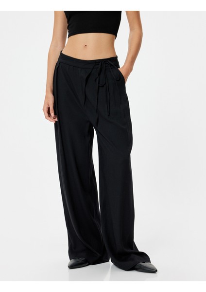 Geniş Paça Pantolon Viskoz Keten Karışımlı Bağlama Detaylı modelleri