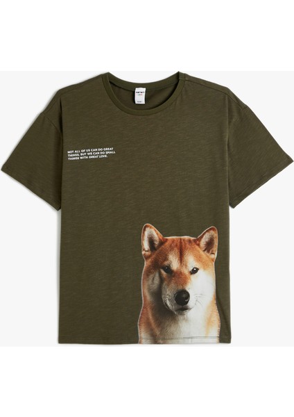 Oversize Tişört Köpek Baskılı Kısa Kollu Bisiklet Yaka Pamuklu