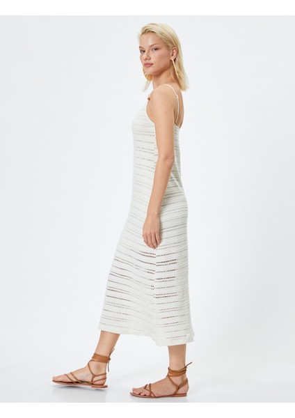 Midi Kroşe Elbise Ince Askılı Ajurlu Boncuklu Astarlı