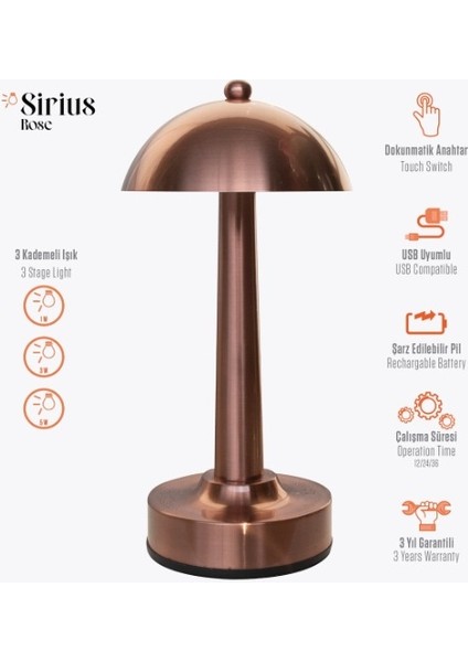 Rose Sirius Dekoratif Şarjlı Pilli Ledli Dokunmatik Özelliki Ev Iş Ofis Kafe Restoran Masa Lambası Sirius Charged Hotel Cafe Bar Table Lamp