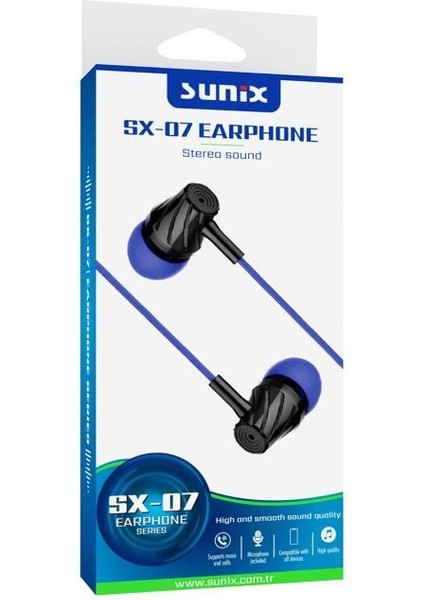 Stereo Ses Mikrofonlu 3.5mm Jack Kulak İçi Kablolu Kulaklık Mavi SX-07