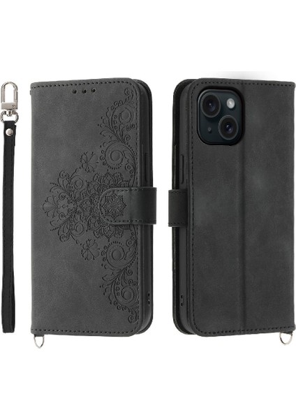 Iphone 15 Için Flip Case Darbeye Bileklik Kabartmalı Çoklu Kredi (Yurt Dışından)
