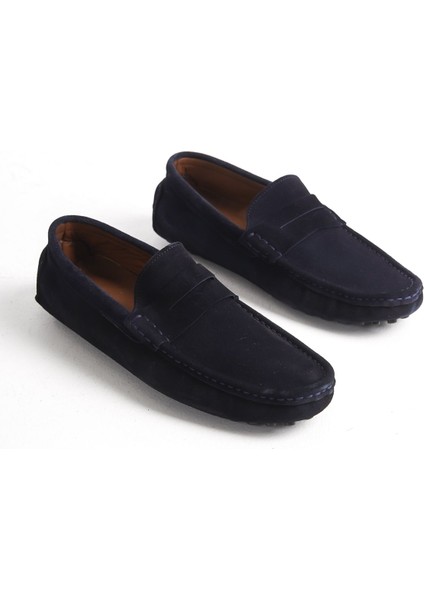 Mubiano Süet Loafer Erkekler İçin Hakiki Deri Düz Taban Lacivert Ayakkabı