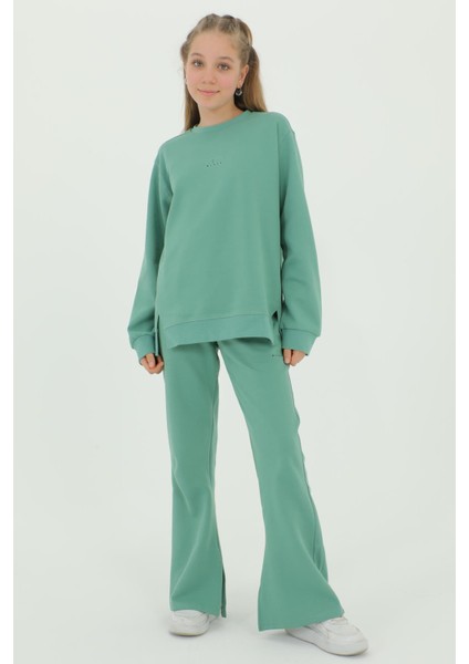 Bisiklet Yakalı Yırtmaçlı Ispanyol Paça Baskı Detaylı Pamuklu 2'li Alt Üst Kız Eşofman Takımı