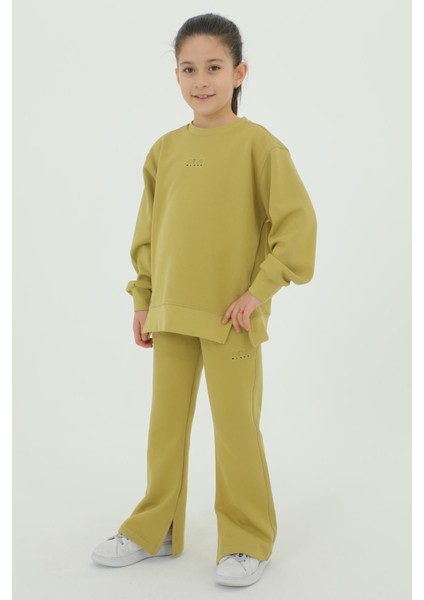 Bisiklet Yakalı Yırtmaçlı Ispanyol Paça Baskı Detaylı Pamuklu 2'li Alt Üst Kız Eşofman Takımı