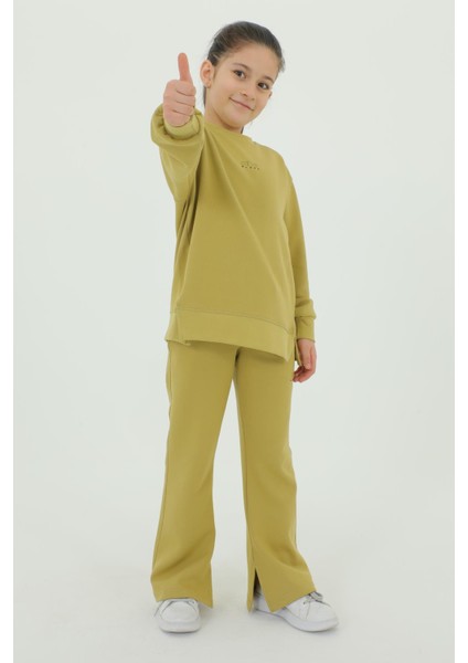 Bisiklet Yakalı Yırtmaçlı Ispanyol Paça Baskı Detaylı Pamuklu 2'li Alt Üst Kız Eşofman Takımı fırsatları