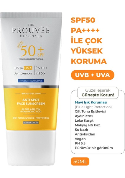 The Prouvee Reponses Spf 50+ | Pa++++ Leke Karşıtı Aydınlatıcı Ton Eşitleyici Yüz Güneş Kremi 50 ml