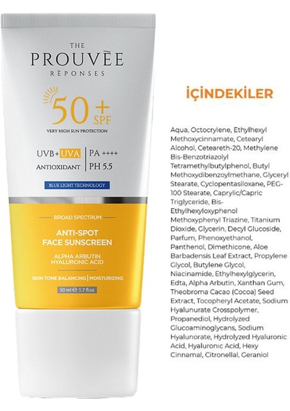 The Prouvee Reponses Spf 50+ | Pa++++ Leke Karşıtı Aydınlatıcı Ton Eşitleyici Yüz Güneş Kremi 50 ml