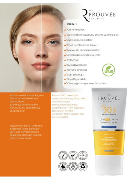 The Prouvee Reponses Spf 50+ | Pa++++ Leke Karşıtı Aydınlatıcı Ton Eşitleyici Yüz Güneş Kremi 50 ml