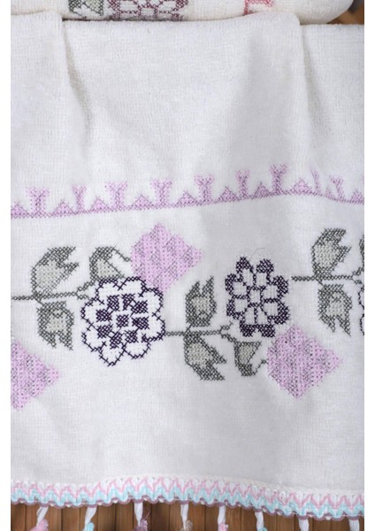 2'li Kanaviçe Çiçek Nakışlı El Yüz Havlu Seti Püsküllü fiyatları