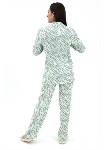 Zebra Desen Yüksek Bel Keten Pantolon - Mint Yeşili