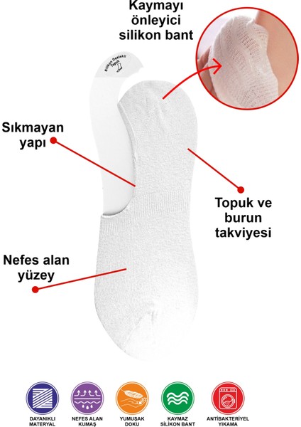 12 Çift Erkek Görünmez Kaydırmaz Topuk Silikonlu Babet Siyah - Beyaz Çorap