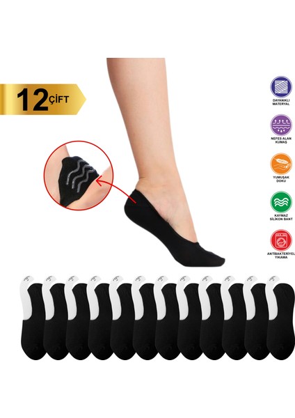 12 Çift Kadın Görünmez Kaydırmaz Topuk Silikonlu Babet Siyah Çorap