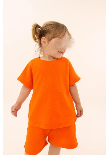 Waffle Dokulu Geniş Kesim Kız Çocuk Takım Turuncu modelleri