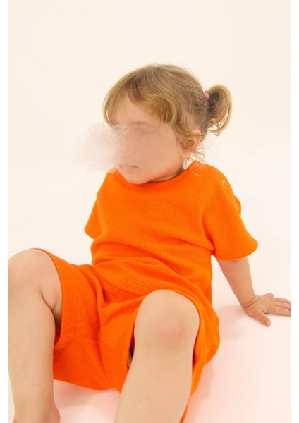 Waffle Dokulu Geniş Kesim Kız Çocuk Takım Turuncu fırsatları