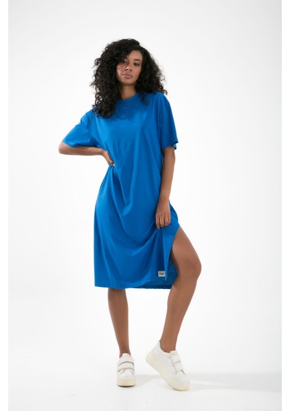 Tdress Uzun Sıfır Yaka Iki Tarafı Yırtmaçlı Oversize T-Shirt Elbise