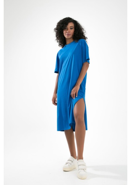 Tdress Uzun Sıfır Yaka Iki Tarafı Yırtmaçlı Oversize T-Shirt Elbise indirimleri