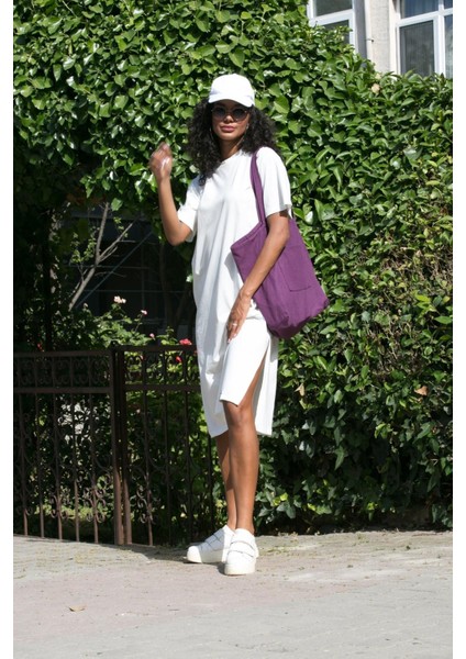 Tdress Uzun Sıfır Yaka Iki Tarafı Yırtmaçlı Oversize T-Shirt Elbise