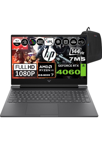 Hp Victus 16-S1010NT Amd Ryzen 7 8845HS 64GB Ram 2tb SSD Freedos 16.1 Inç Fhd 144Hz 7ms 300NİT 8GB-RTX4060 Taşınabilir Bilgisayar 9Z790EAF07 + Zetta Çanta