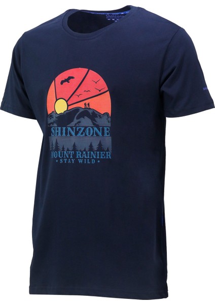 Erkek Bisiklet Yaka Standart Fit Göğüs Baskılı Lacivert T-Shirt