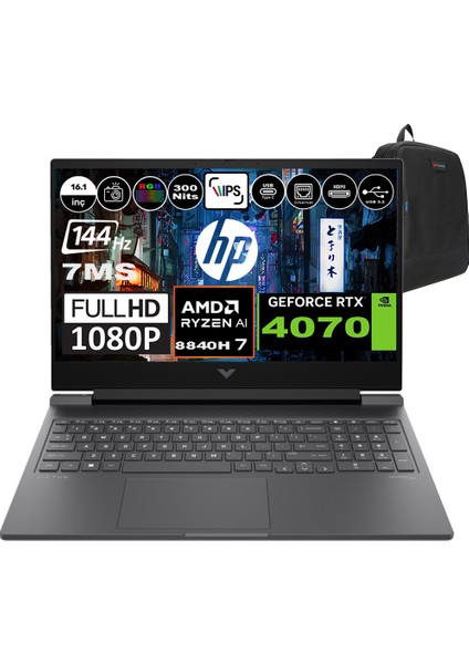 Hp Victus 16-S1002NT Amd Ryzen 7 8840H 32GB Ram 2tb SSD Freedos 16.1 Inç Fhd 144Hz 7ms 300NİT 8GB-RTX4070 Taşınabilir Bilgisayar A05N6EAF03 + Zetta Çanta