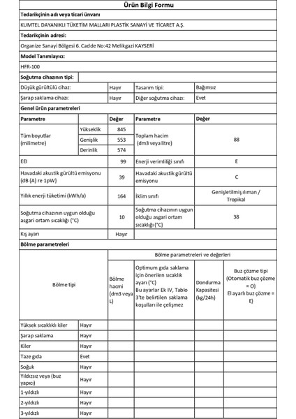 HFR-100 3 Çekmeceli 88 Litre E Enerji Sınıfı  Derin Dondurucu