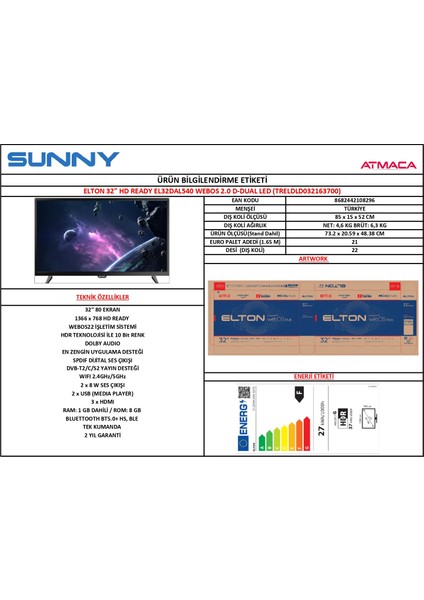 EL32DAL540 32" 81 Ekran Uydu Alıcılı HD Ready Smart LED TV