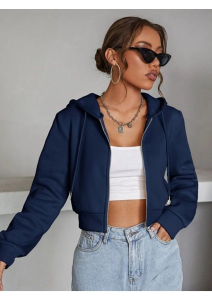 Kadın Lacivert Fitted Crop Kapşonlu Zip Fermuarlı Polar Hırka Sweatshirt