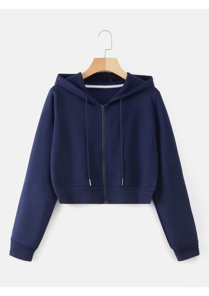 Kadın Lacivert Fitted Crop Kapşonlu Zip Fermuarlı Polar Hırka Sweatshirt fiyatları